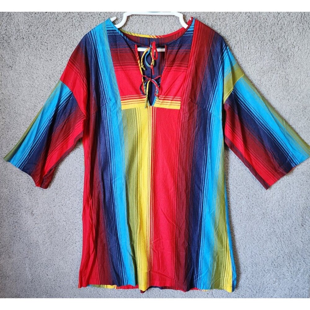 Vtg 70s Lorraine Women's 3/4 Sleeve Tie V Neck Rainbow Nightgown Acetate Blend L